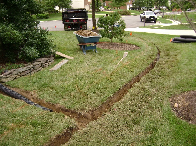 Le système de drainage est posé dans un sol non perturbé et les tranchées creusent dans les endroits où il n'y a pas de bâtiments Drainage de site de bricolage